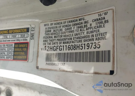 2008 Honda Civic Lx from USA, damaged, VIN 2HGFG11608H519735